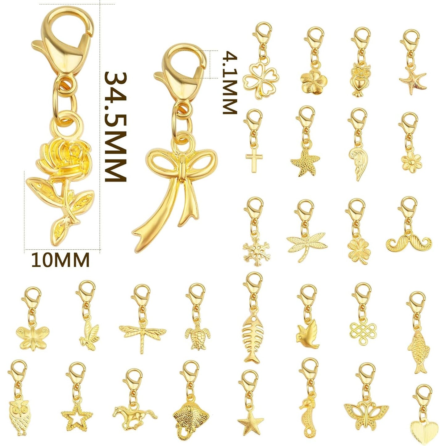 30 Pieces Golden Clip on Charm Pendants Mixed Styles Dangle Charms with Lobster Clasp Craft Supplies for DIY Earrings Jewelry Making Accessories