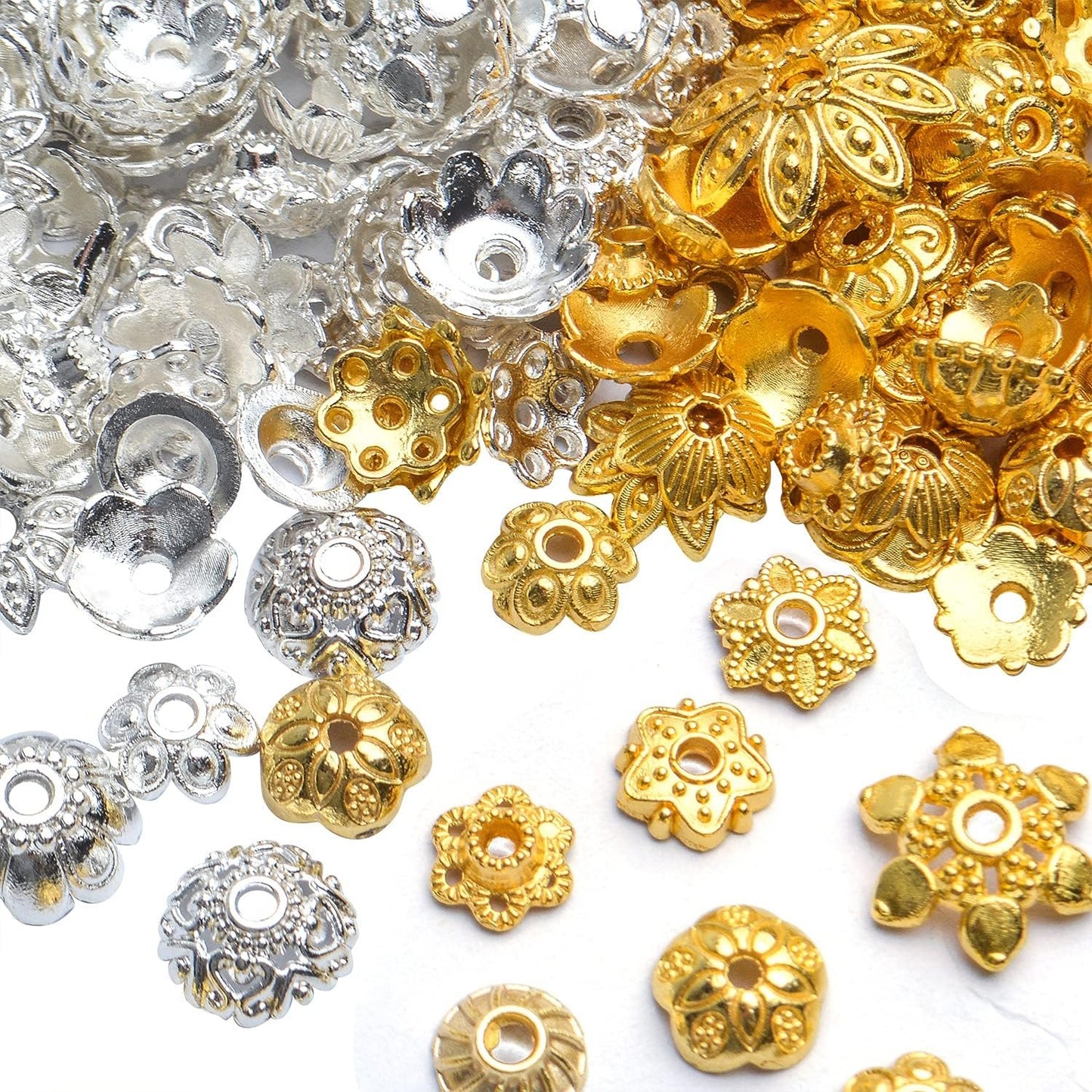 100g (200-350pcs) Mixed Metal Flower Bead Caps Spacer Beads Bali Style Jewelry Findings for DIY Crafting Jewelry Making, Antique Gold and Antique Silver