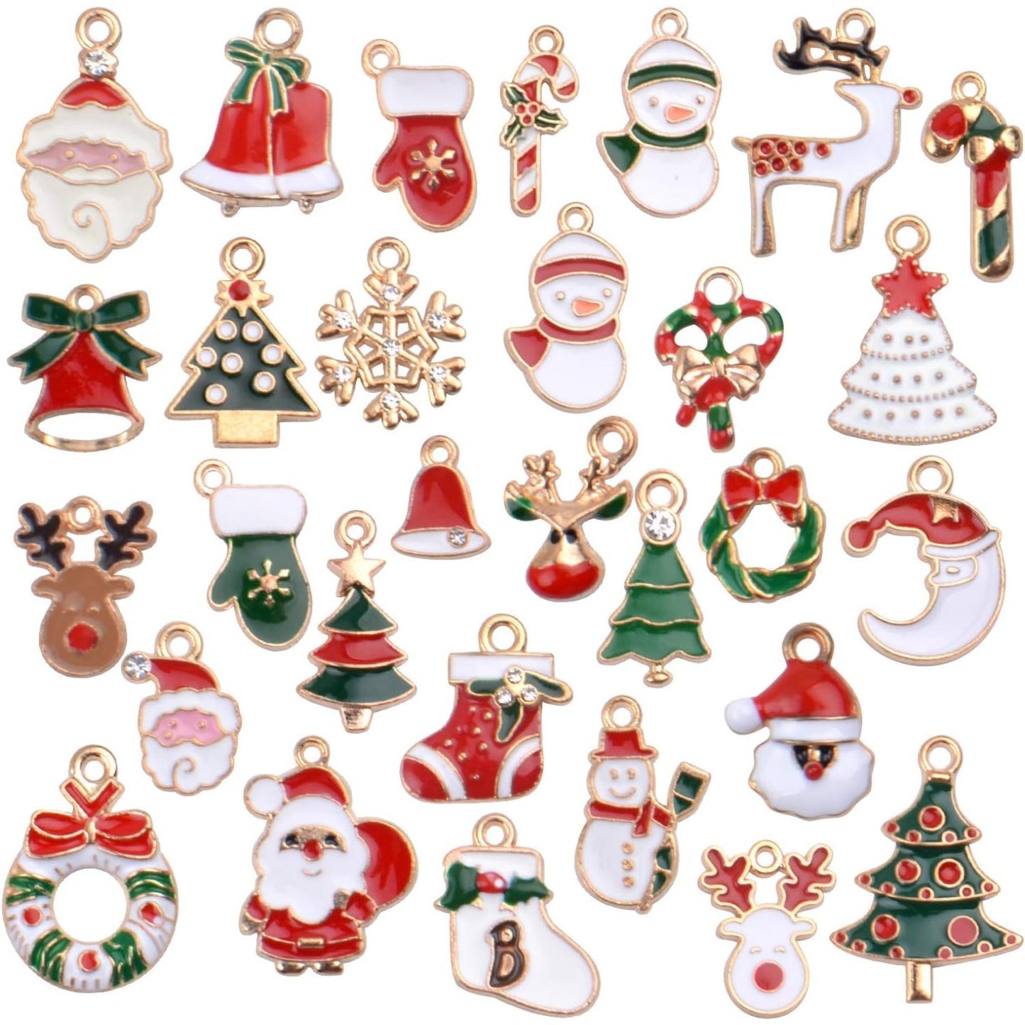 Christmas Charms Collection, 30 Pieces Gold Plated Enamel Christmas Tree Santa Claus Snowflake Socks Charm Metal Pendant for DIY Jewelry Making Necklace Bracelet Earring