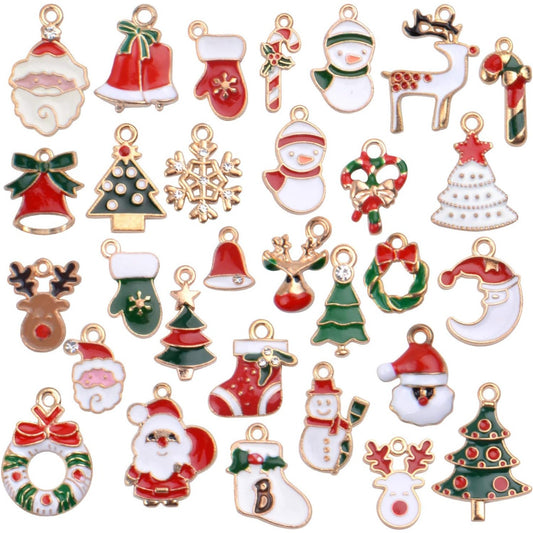 Christmas Charms Collection, 30 Pieces Gold Plated Enamel Christmas Tree Santa Claus Snowflake Socks Charm Metal Pendant for DIY Jewelry Making Necklace Bracelet Earring