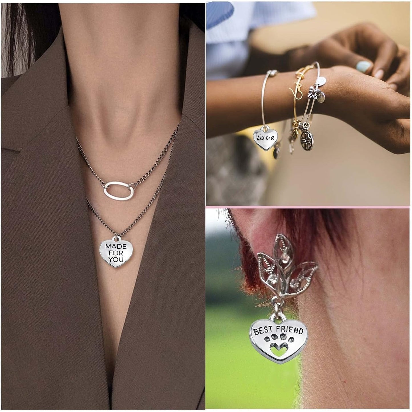 80pcs Mini Heart Shape Word Charms Alloy Engraved with Various Message Word Dangle Pendants with a Box for DIY Bracelet Necklace Jewelry Making Gift, Antique Silver