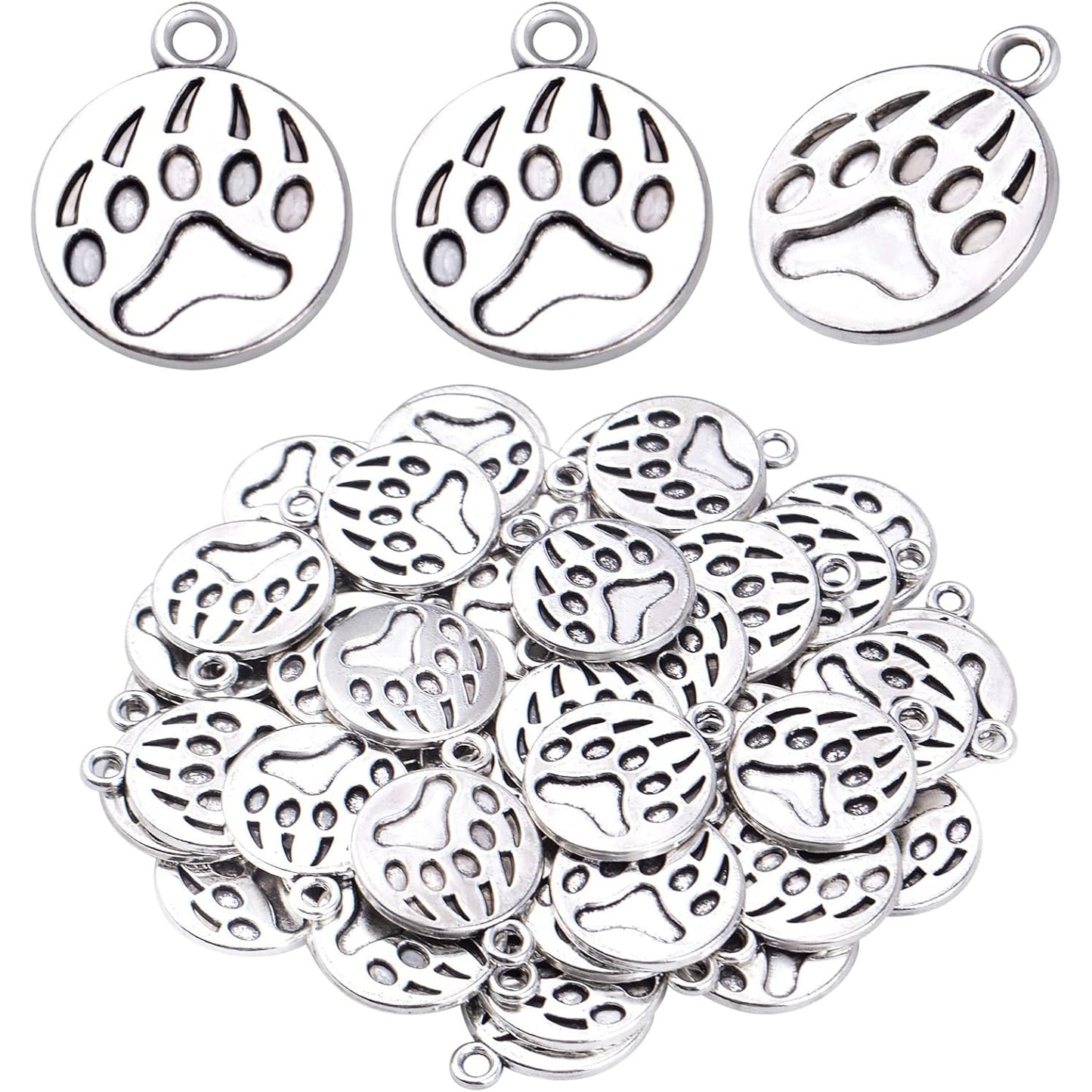 50pcs Antique Silver Paw Print Charms Alloy Dog Cat Bear Footprint Pendants Animal Paw Charms Jewelry Making Accessories for DIY Earrings Necklace Bracelet and Crafting