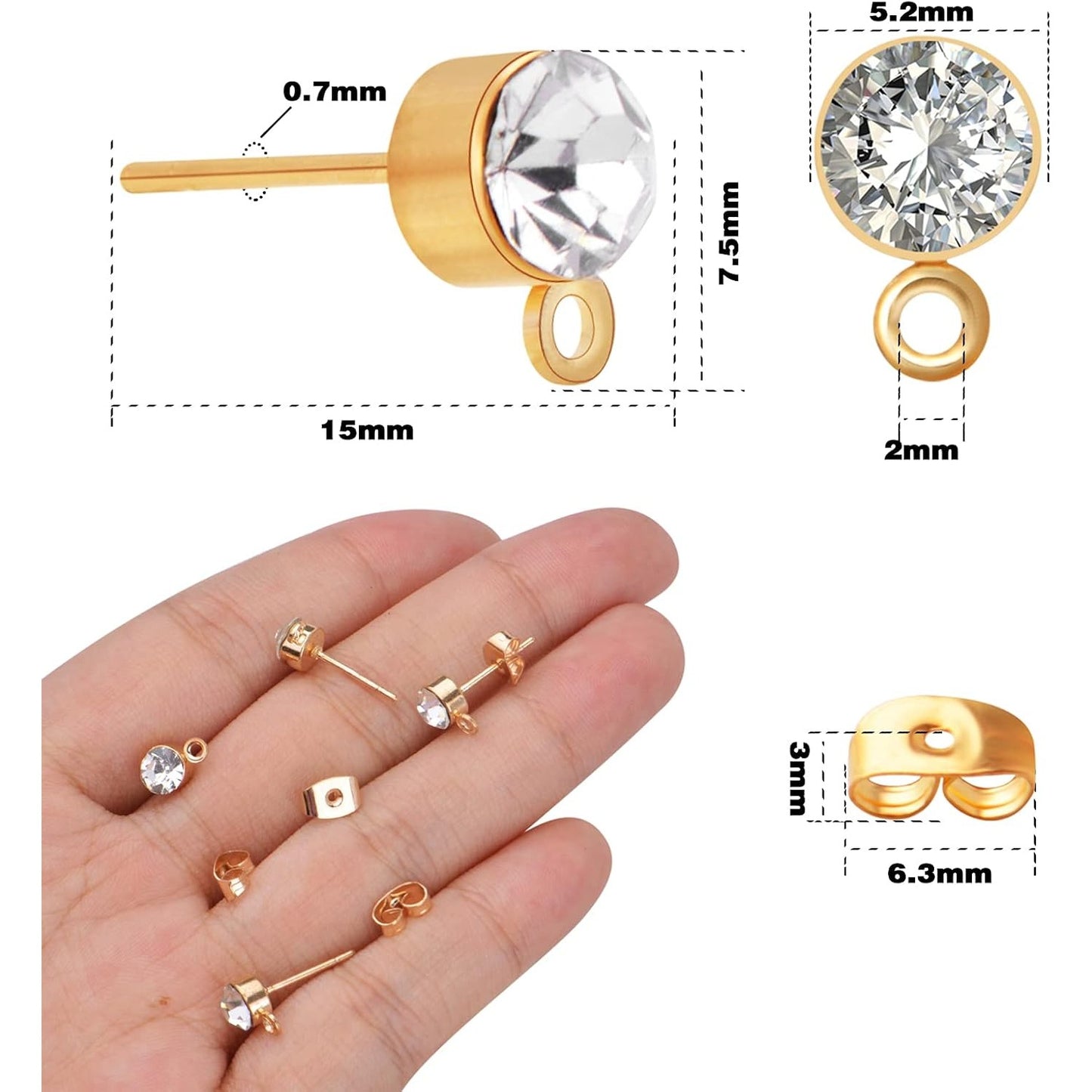 100pcs 5mm Rhinestone Earring Studs Hypoallergenic Earrings Posts with Loop and 100pcs Butterfly Earring Backs for DIY Earring Jewelry Making Supplies