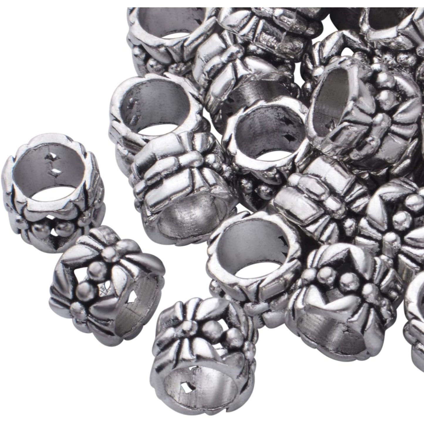 100pcs Large Hole Antique Silver Flower Bead Spacers Alloy Tube Beads for DIY Necklace Bracelet Jewelry Craft Making Accessory