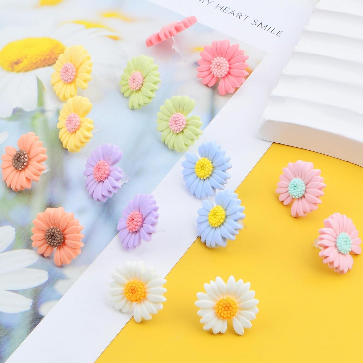 8 Pairs Sweet Resin Daisy Sunflower Stud Earrings Cute Chrysanthemum Earring Post Studs with Earring Safety Backs for Women Sensitive Ears DIY Jewelry Making, 8 Colors