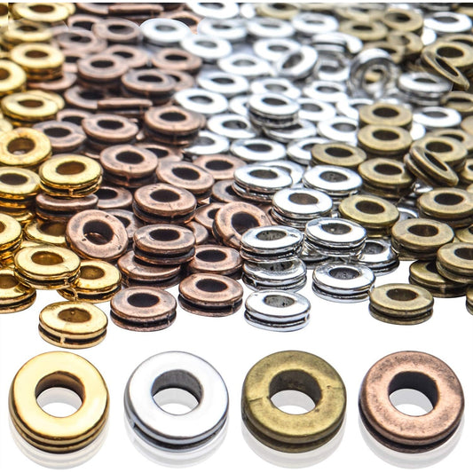 Rondelle Spacer Beads, 200pcs 6mm Flat Round Spacer Beads - Metal Craft Supplies for DIY Jewelry Making - Antique Golden, Silver, Bronze, Copper