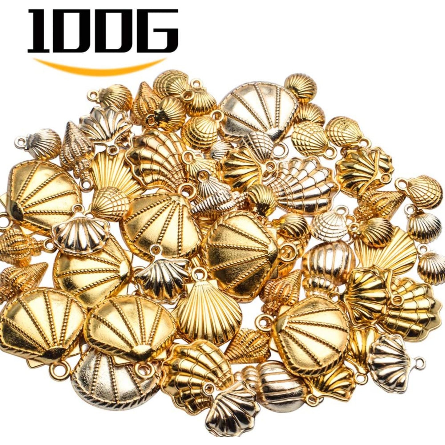 Seashell Charms, 100 Gram Gold Shell Ocean Theme Pendants - Conch, Scallops, Mussel, Marine Life, Sea Animals Dangle Charms for Jewelry Making, Necklace, Bracelet Crafting