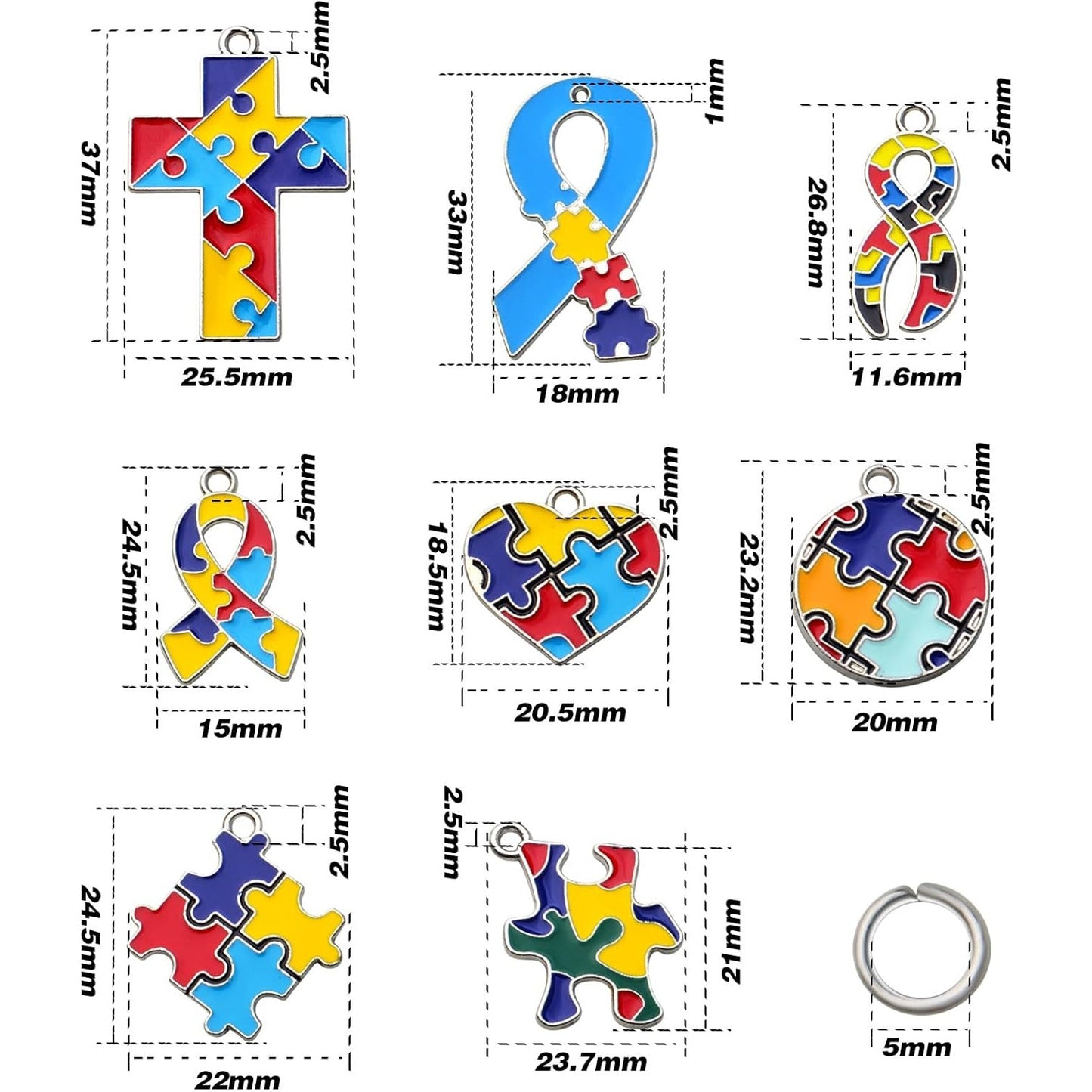 16pcs 8 Styles Autism Charms Mixed Jigsaw Puzzle Pendants Autistic Awareness Charms with 50pcs 5mm Open Jump Rings for DIY Crafts Necklace Bracelet Jewelry Making Supplies