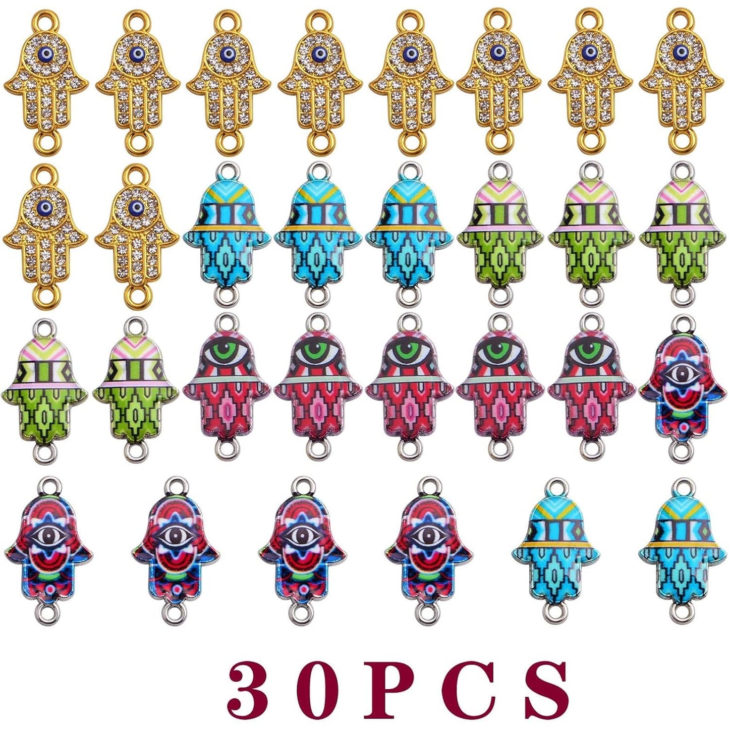 30pcs Mixed Alloy Rhinestone Hamsa Hand of Fatima Charms Colorful Evil Eye Hamsa Hand Frame Pedants Connectors for DIY Art Craft Jewelry Making Christmas Gifts, 2 Styles