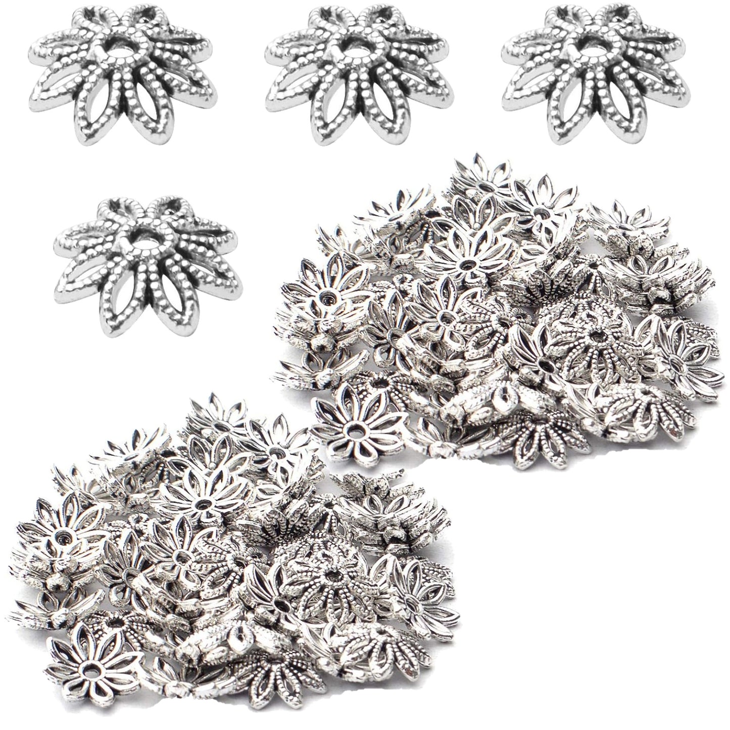 100pcs 10mm Flower Bead End Caps Tibetan Alloy Filigree Flower Caps Hollow Bead Caps Jewelry Spacer Caps for Bracelet Necklace Earring Jewelry Crafts Making