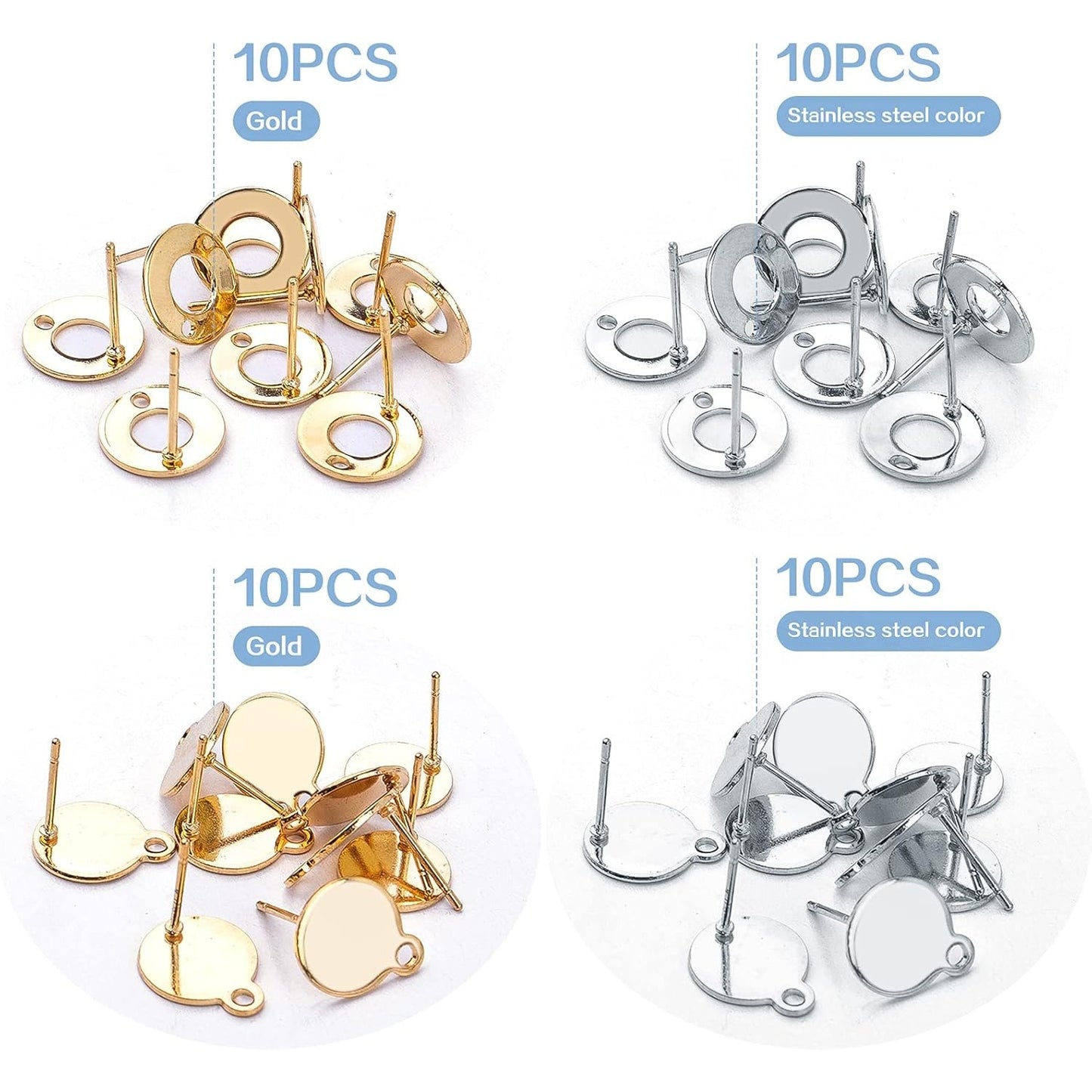 40pcs Stainless Steel Stud Earrings Round Rondelle Blank Earring Post Pins with Loop Hole and 40pcs Butterfly Earring Backs for DIY Jewelry Making Findings, Gold, Steel