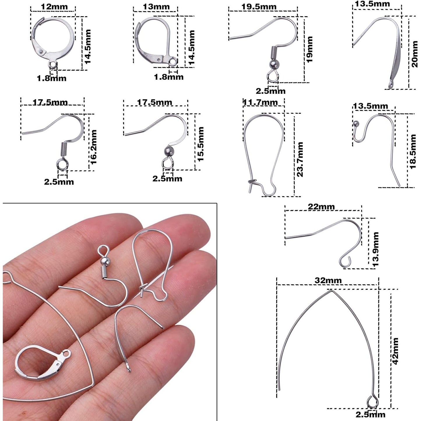 100pcs Stainless Steel Earring Hooks Set Round French Hooks Ear Wire with Ball Hypoallergenic Fish Hook Earwires Jewelry DIY Earrings Making for Women, 10 Styles