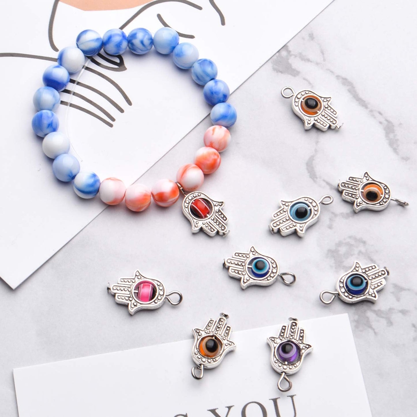 Fatima Hand Charms,30 Pcs Antique Silver Hamsa Hand Evil Eye Bead of Fatima Symbol Charms Hamsa Hand Beads Frame Charms for DIY Necklace Bracelet