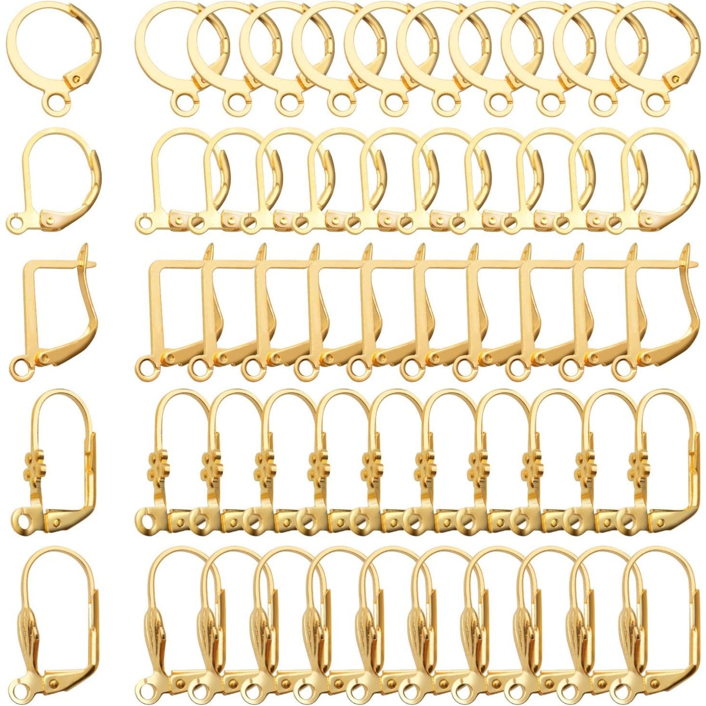 50pcs Gold French Earring Hooks Leverback Earwires Brass Hypoallergenic Ear Hooks with Open Loop for Earring Designs Supplies Jewelry Making Findings, 5 styles