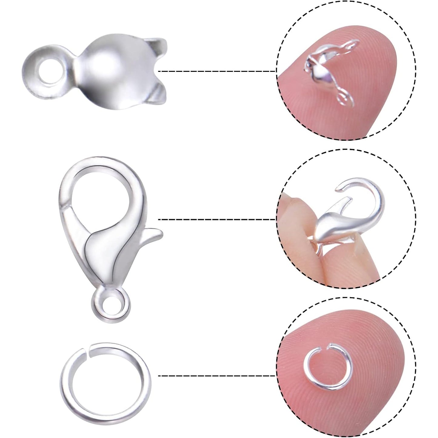 500pcs Silver Jewelry Making Accessories Set, 100pcs Lobster Claw Clasps, 200pcs Open Jump Rings Connectors and 200pcs Bead Tips Knot Covers for DIY Jewelry Crafts Making Findings