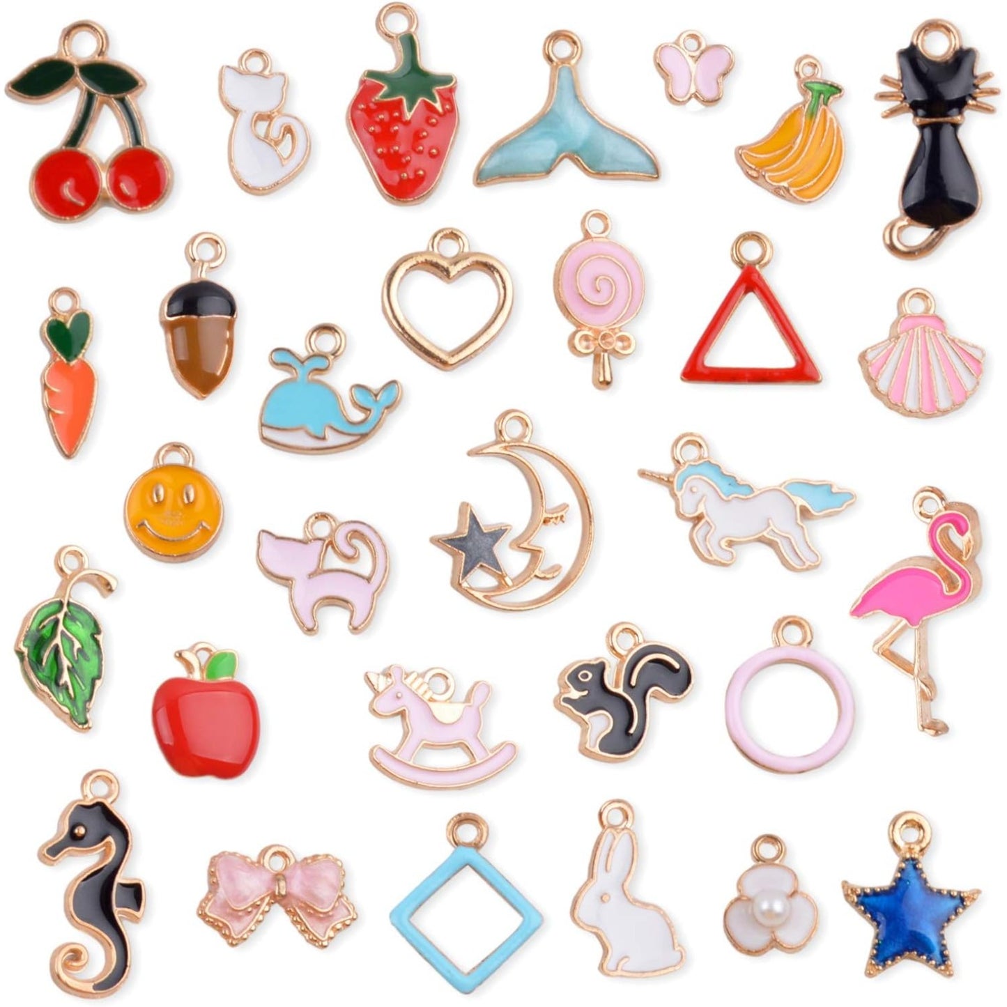 Assorted Enamel Charms, 30 pieces Mixed Style Enamel Alloy Cute Animals Fruit Moon Star Lollipop Craft Charms Pendants Jewelry Findings Making Accessory for DIY Necklace Bracelet Earring