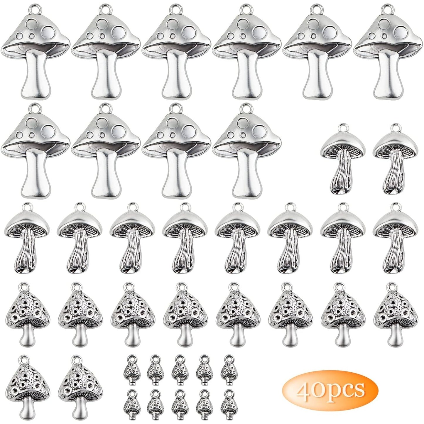 40pcs Antique Silver Mushroom Charms Vintage Alloy Cute Mushroom Dangle Pendants Craft Supplies for DIY Necklace Bracelet Keychain Jewelry Making Findings, 4 Styles