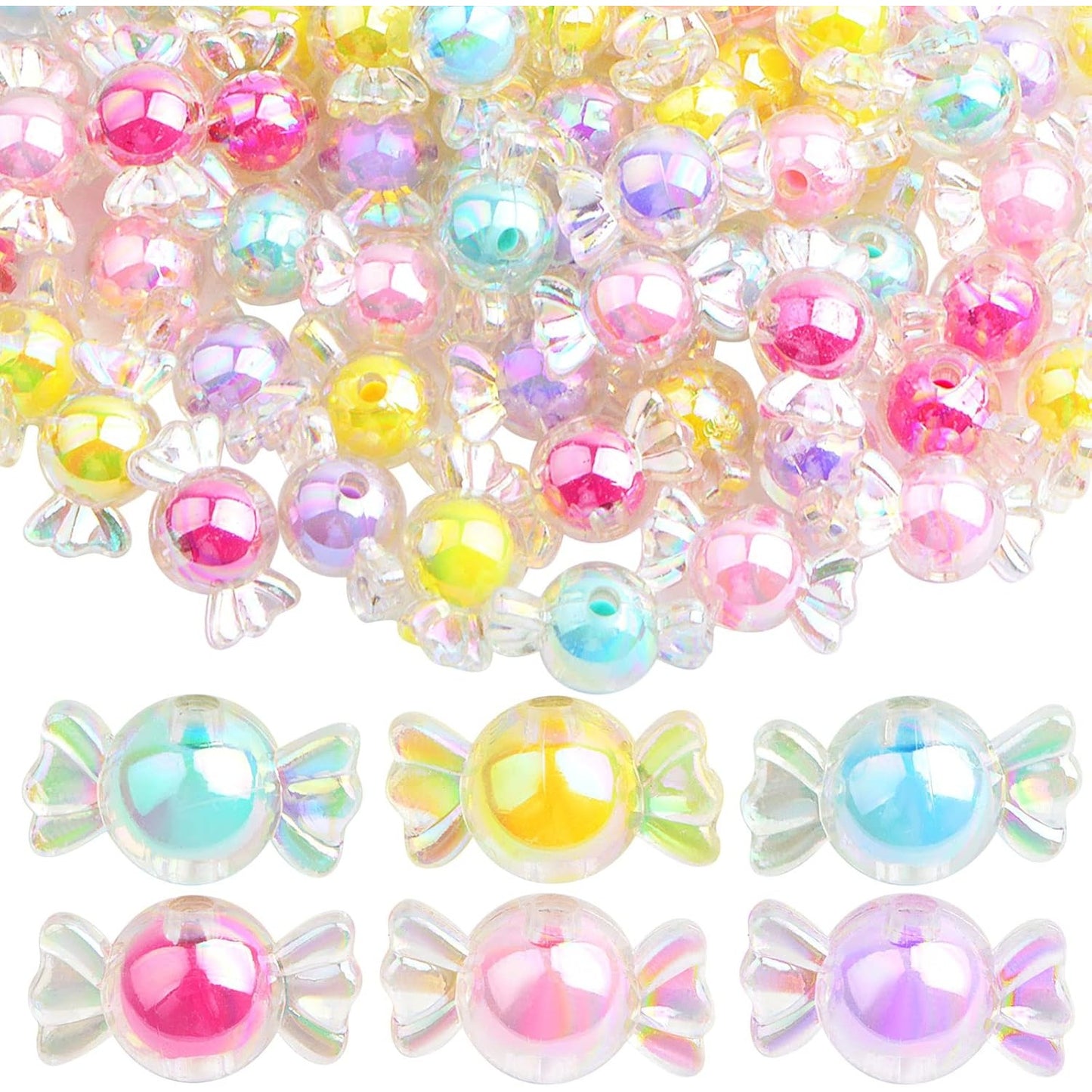 120 Gram (About 90pcs) Acrylic Candy Bow Beads Mixed Colors Cute Candy Shape Beads Shiny Kawaii Charm Beads Embellishments for DIY Hairband Bracelets Necklaces Jewelry Making