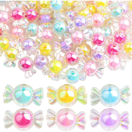 120 Gram (About 90pcs) Acrylic Candy Bow Beads Mixed Colors Cute Candy Shape Beads Shiny Kawaii Charm Beads Embellishments for DIY Hairband Bracelets Necklaces Jewelry Making