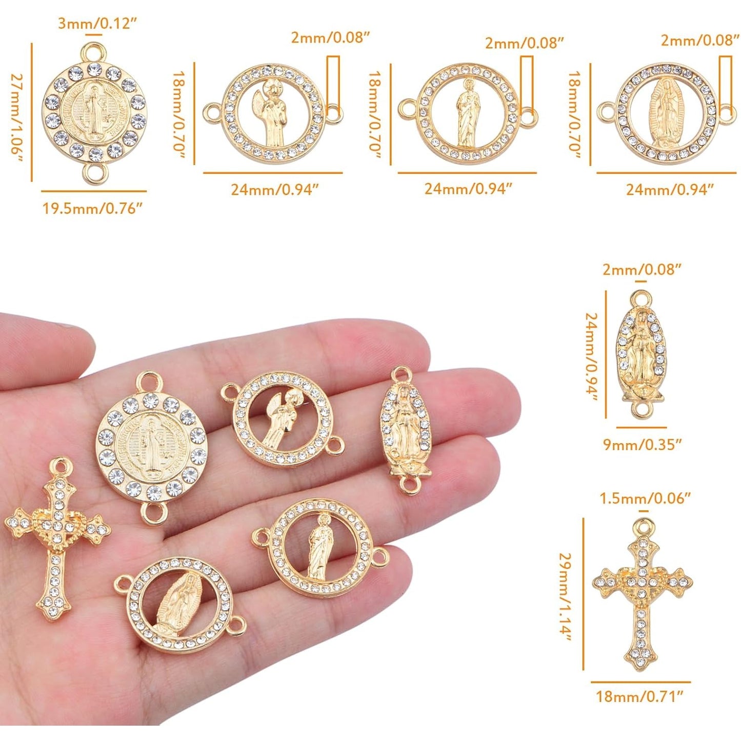 30pcs Golden Alloy Mixed Rhinestone Religious Cross and Center Miraculous Medal Charms Our Lady Virgin Mary Jesus Pendant Links for DIY Rosary Beads Necklace Jewelry Making, 6 Styles