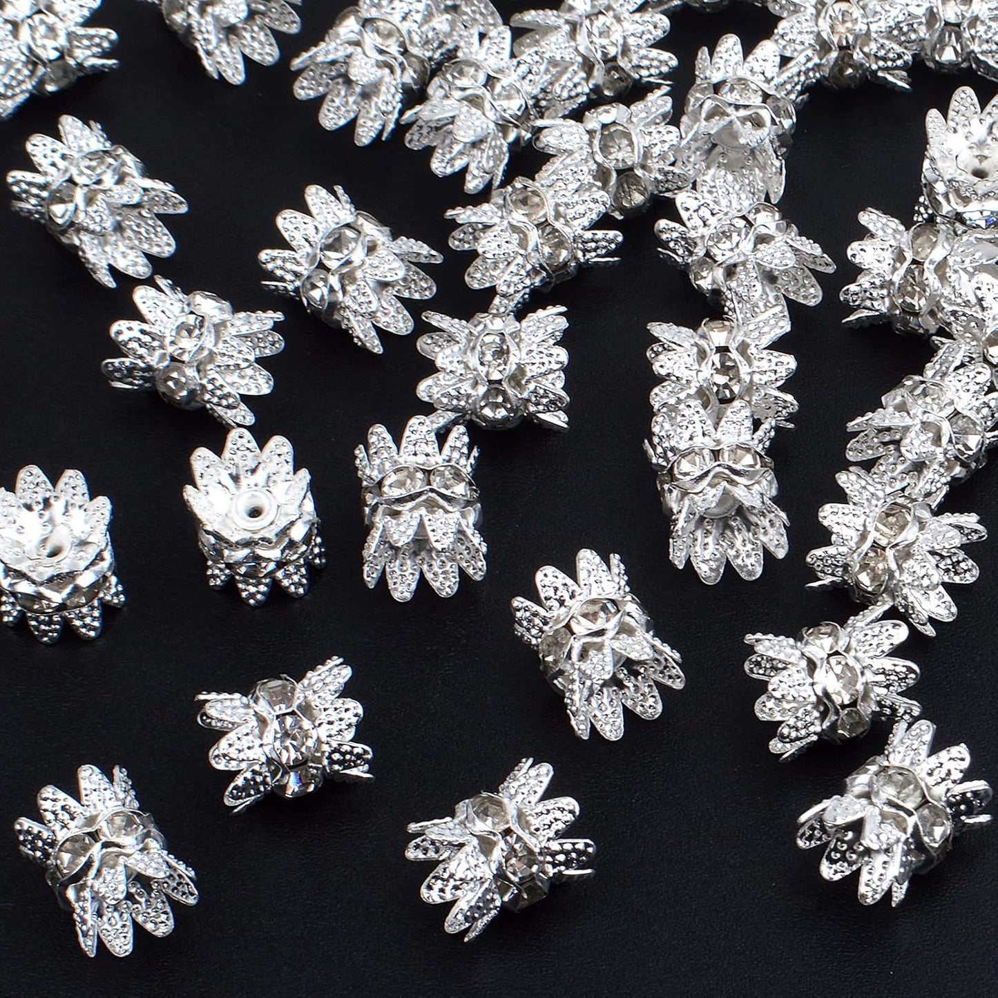 60PCS Double Flower Beads Caps with Rhinestone Petal Brass Bead Spacer Flower Caps Jewelry Making Accessories for Bracelet Necklace Earring