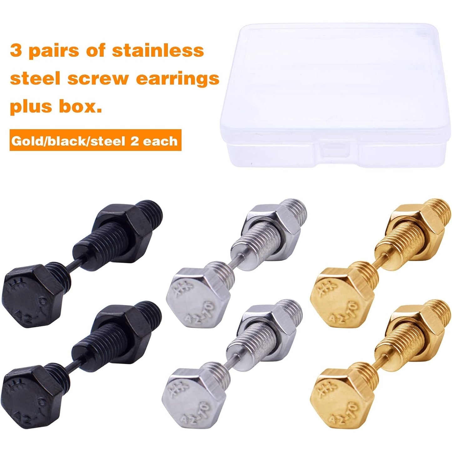 3 Pairs Stainless Steel Punk Style Earrings Cool Screw on Earring Studs Backs Piercing Jewelry with A Plastic Box for Men Women Earring Backs, 3 Colors, 34 mm x 7.7 mm