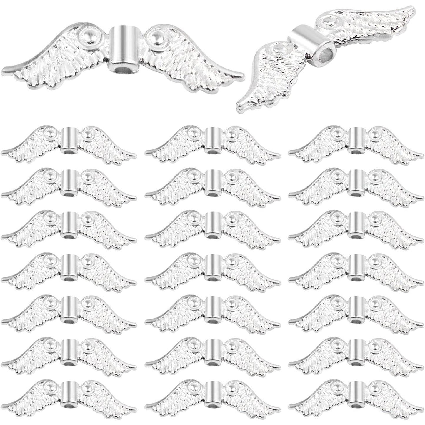 60pcs Tibetan Style Angel Wing Spacer Beads Alloy Small Hole Wing Loose Spacer Charm Beads Accessories for DIY Bracelet Necklace Earrings Jewelry Making, Bright Silver