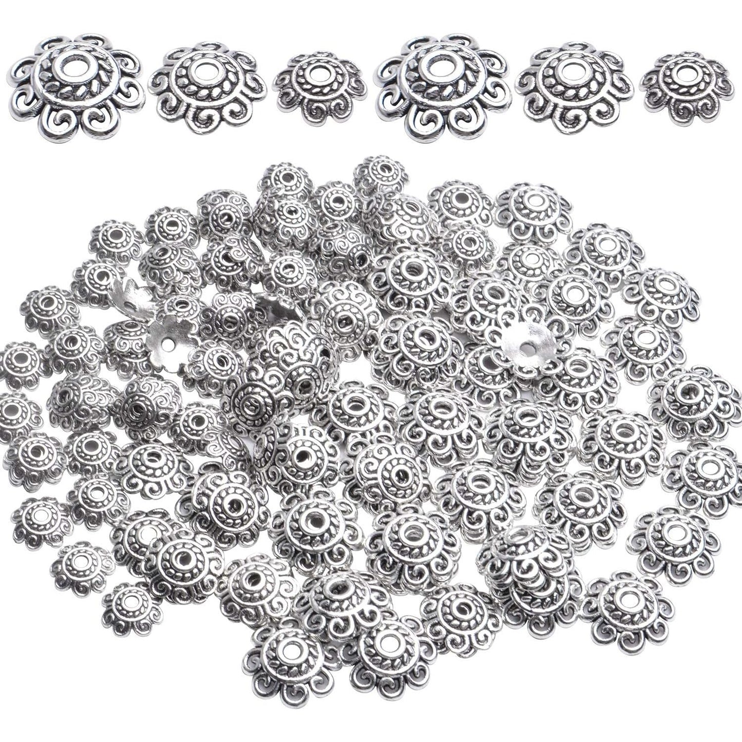 Spacer Bead Caps, 200pcs 8mm/10mm/12mm Metal Flower Bead Caps for Jewelry DIY Necklace Bracelet Making, Antique Silver