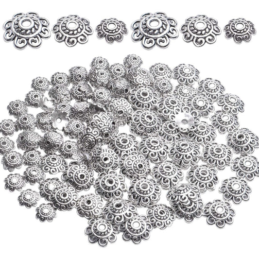 Spacer Bead Caps, 200pcs 8mm/10mm/12mm Metal Flower Bead Caps for Jewelry DIY Necklace Bracelet Making, Antique Silver