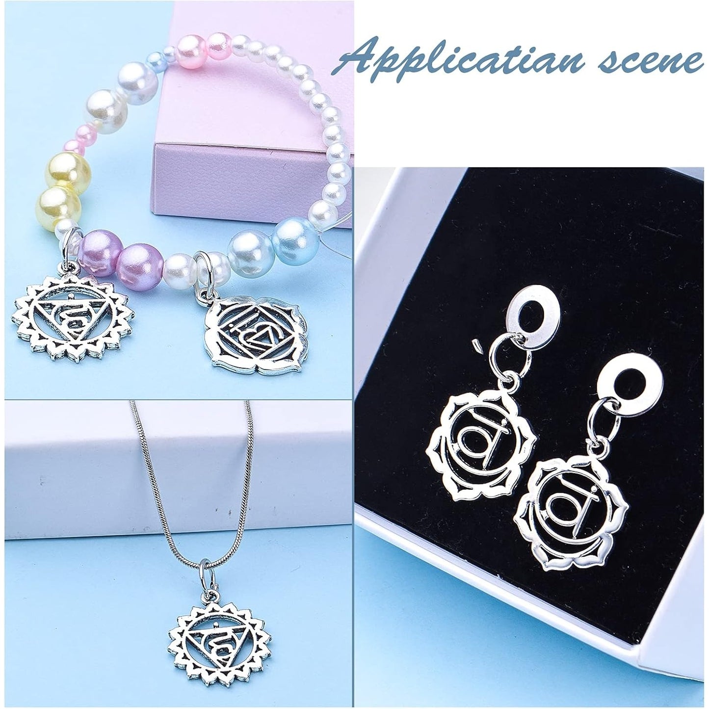 56pcs 7 Styles Chakra Charms Alloy Yoga OM OHM Flower Pendants Charms Jewelry Findings Accessory for DIY Necklace Bracelet Earrings Craft Supplies, Antique Silver