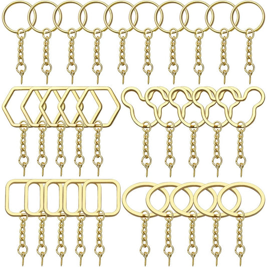 BronaGrand Keyring with Chain,30Pcs Gold Key Ring Bulk Split Keyring Blanks with Link Chain Open Jump Rings and Screw Eye Pins for DIY Art Craft Jewellery Making