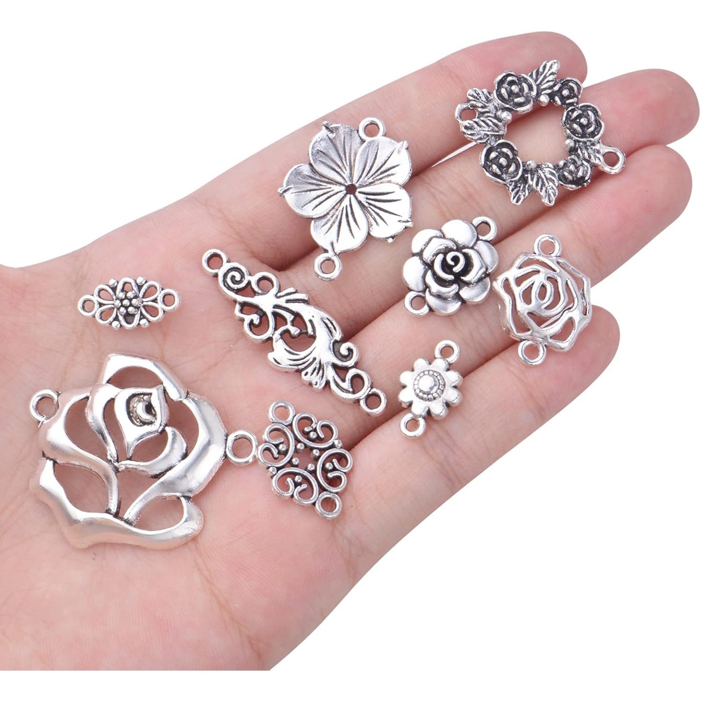 52pcs 26 Styles Flower Connector Charms Tibetan Alloy Rose Flower Pendants Beads Jewelry Connectors for DIY Necklace Bracelet Earrings Jewelry Making, Antique Silver