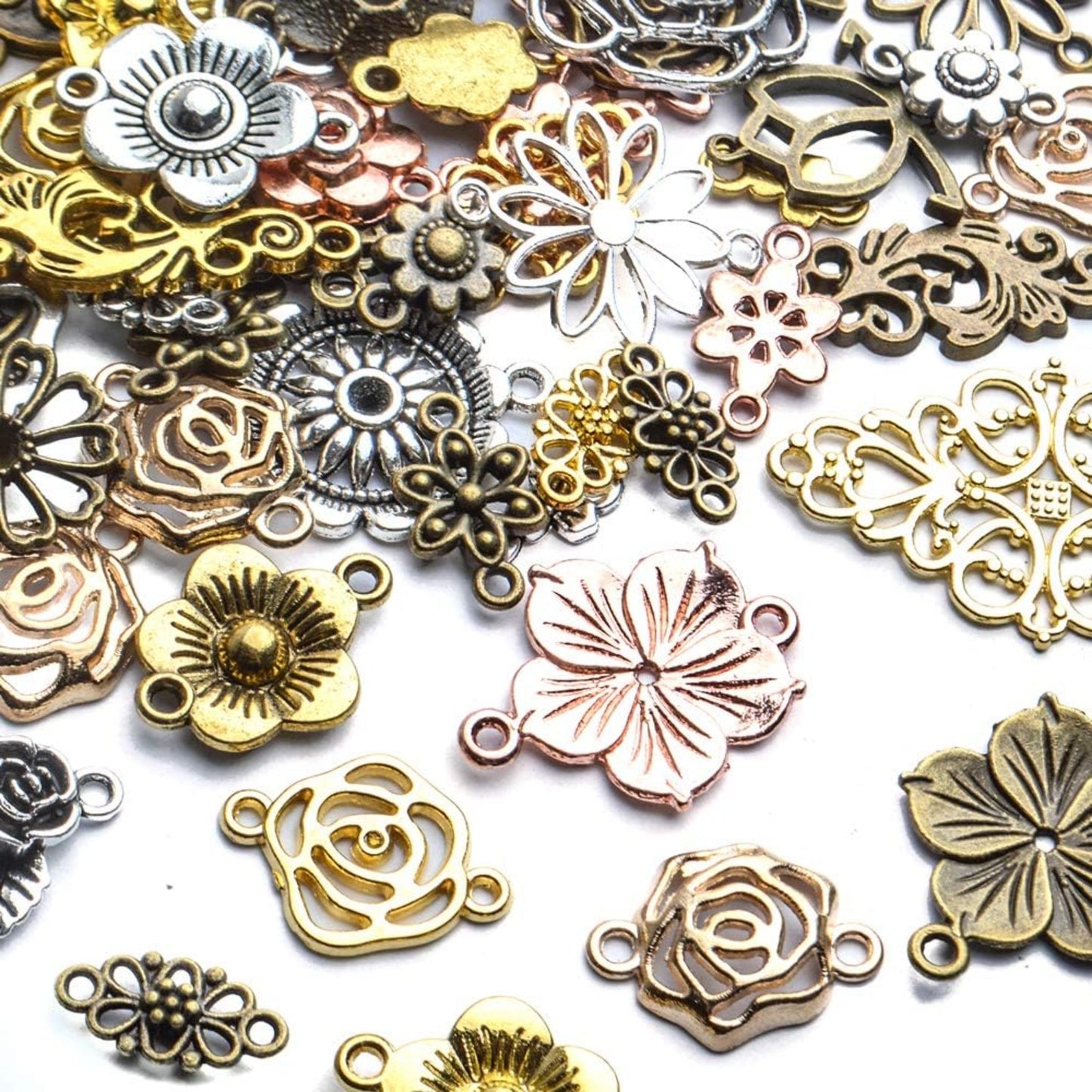 Jewelry Connectors, 100 Gram Tibetan Style Mixed Flower Shape Pendants Metal Beads Link Charms for DIY Earring Necklace Jewelry Making
