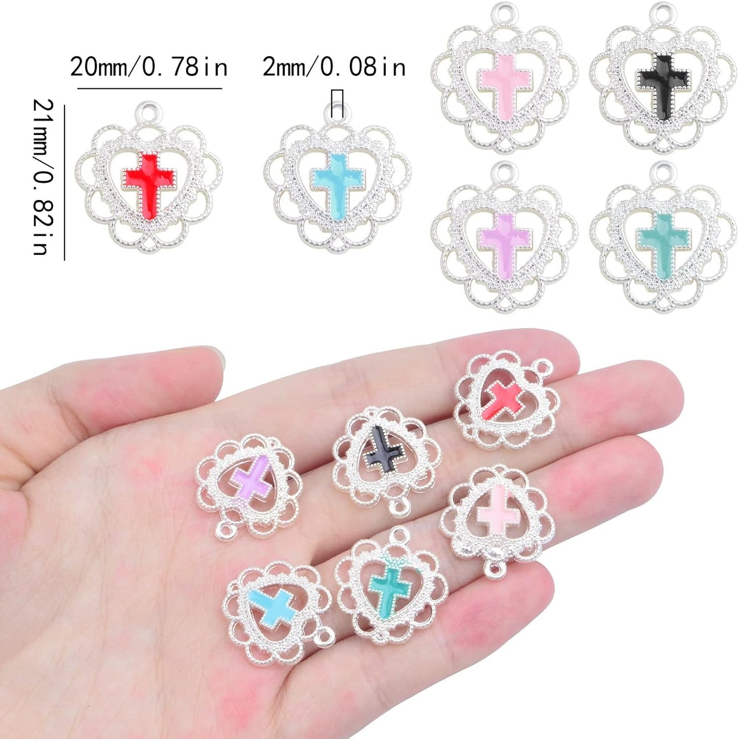 30pcs Heart Shape Enamel Lace Cross Charms Hollow Alloy Love Cross Crucifix Dangle Pendants for DIY Crafts Jewelry Making, 6 Colors