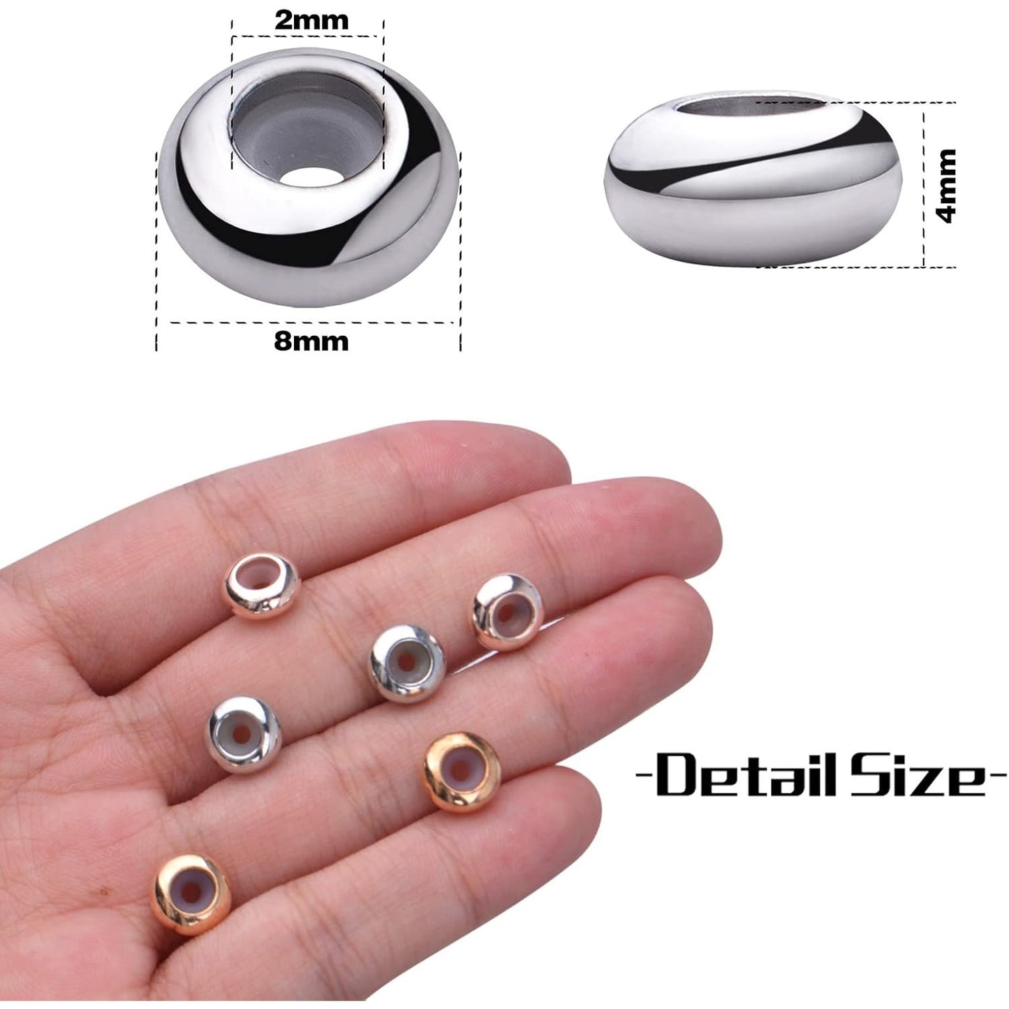 30pcs 8mm Insert Rubber Stopper Beads Brass Adjustable Slider Clasps Round Beads Positioning Spacer Beads Jewelry Making Accessories for DIY Bracelet Necklace Crafts, 3 Colors