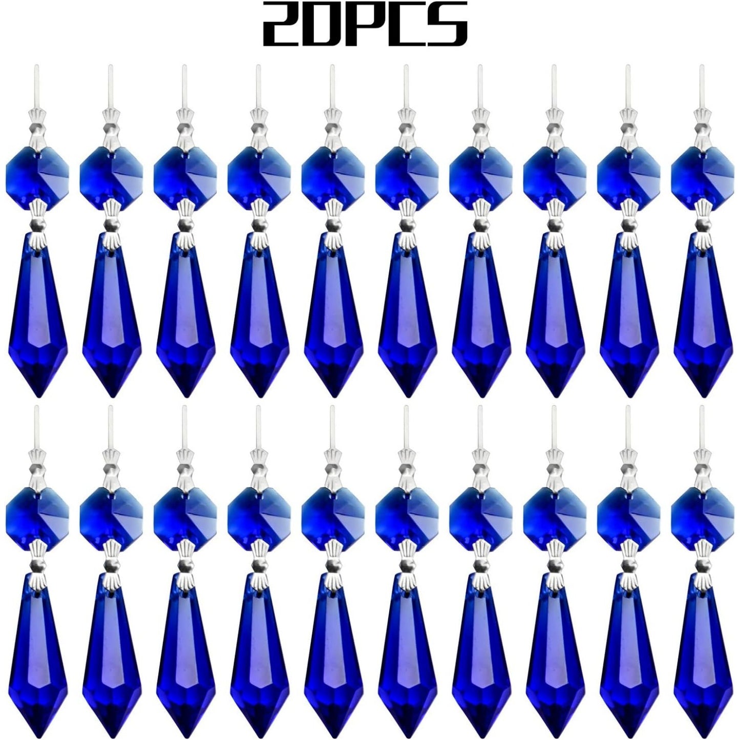 20 Pieces Chandelier Icicle Crystal U-Drop Prisms Lamp Parts Glass Pendants Beads for Wedding, Party or Holiday Decoration, 37mm, Blue