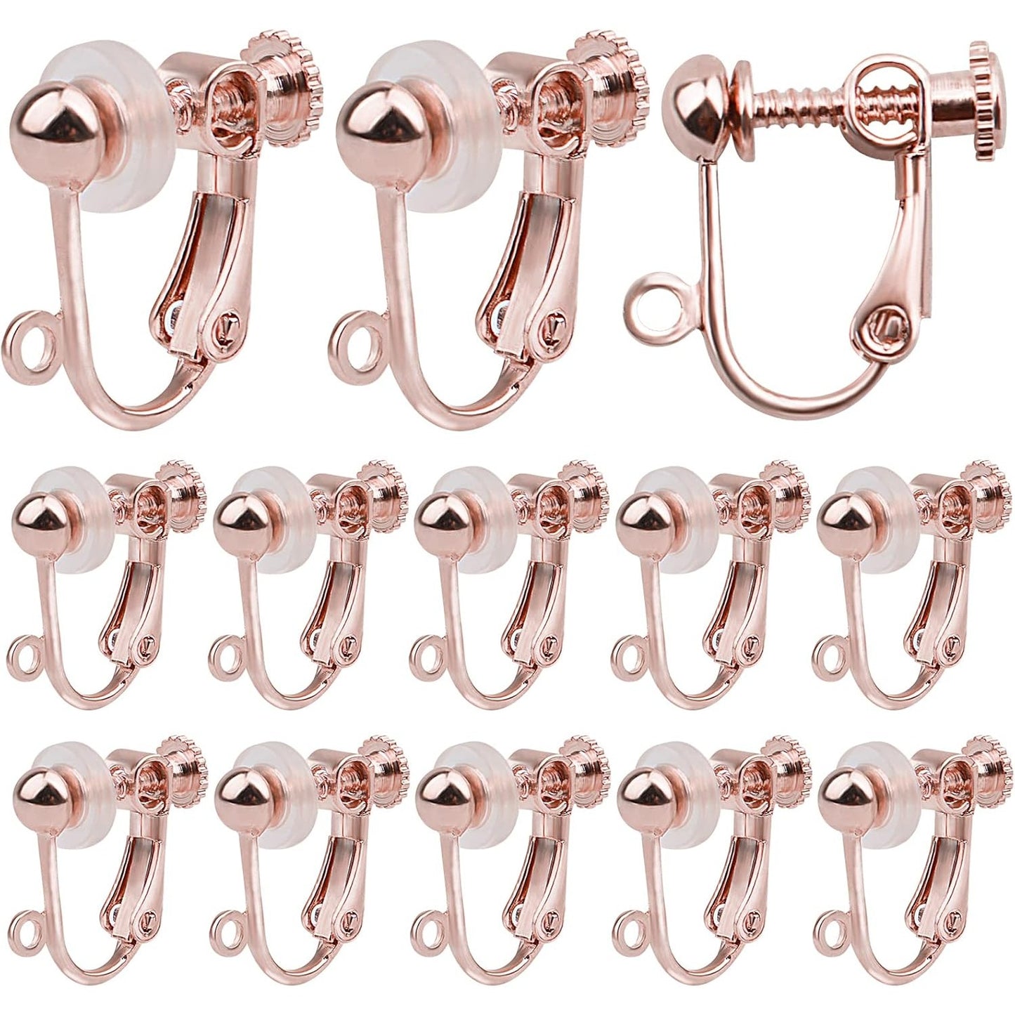 24pcs Clip-on Earring Converters Components Brass Screw Back Ear Wire Earring Findings with Loop and 24pcs Soft Earring Cushions for Non Pierced Ears, Rose Golden