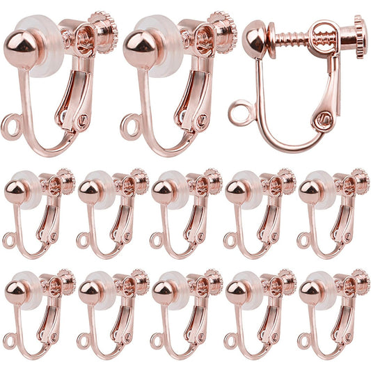 24pcs Clip-on Earring Converters Components Brass Screw Back Ear Wire Earring Findings with Loop and 24pcs Soft Earring Cushions for Non Pierced Ears, Rose Golden