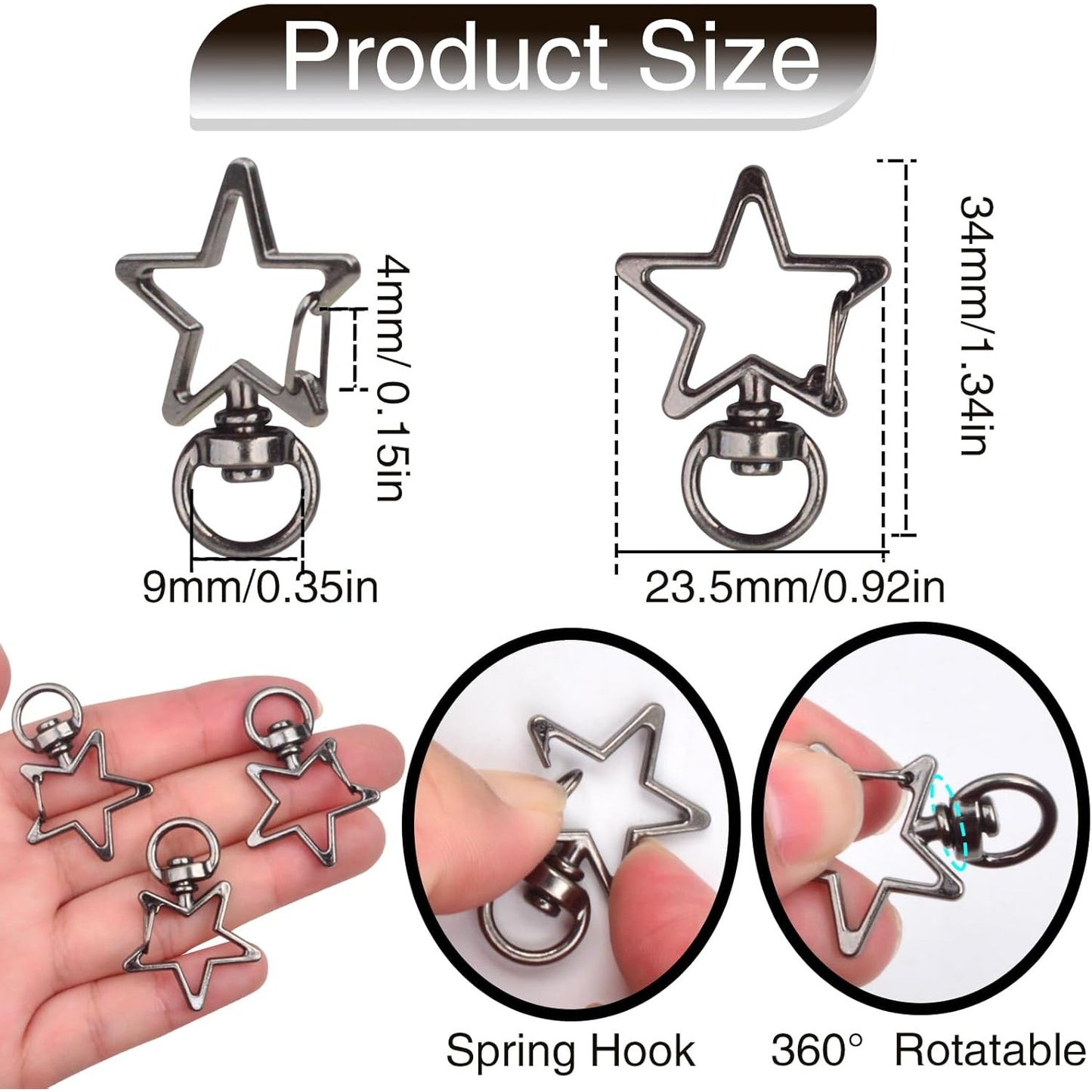 40pcs Star Shape Keychain Clips Metal Zinc Alloy Swivel Lobster Claw Clasp Trigger Spring Buckles Snap Hooks for DIY Keyrings Bags Handbags Lanyards Accessories, Gun Black
