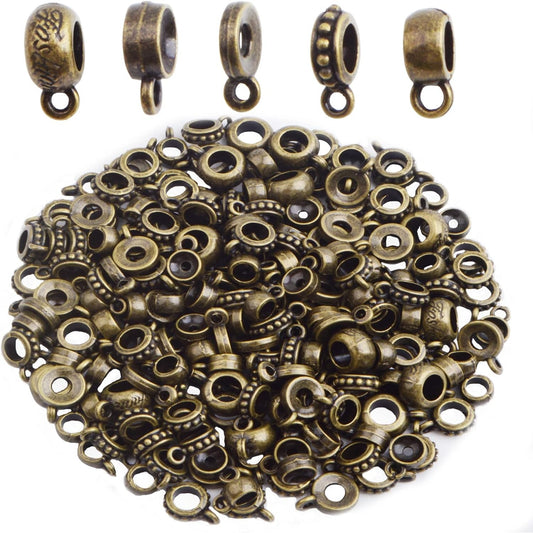 100 Gram Antique Bronze Bail Tube Beads Vintage Tibetan Alloy Bail Beads Connectors Spacer Bead Hanger Links for DIY European Bracelet Jewelry Crafts Making, 5 Styles