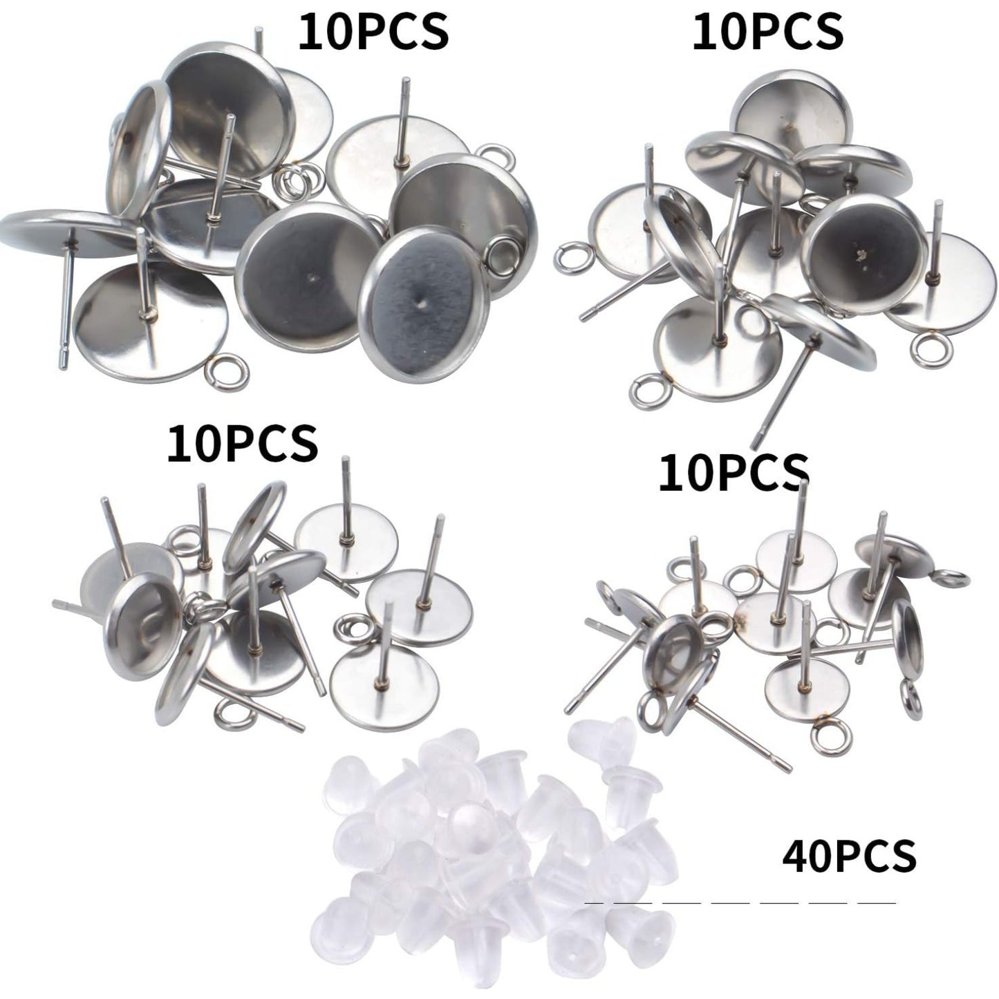 40 Pieces Stainless Steel Cabochon Blank Earring Studs Earring Tray and 40 Pieces Silicone Clear Earring Back for Earring Making,6mm,8mm,10mm,12mm