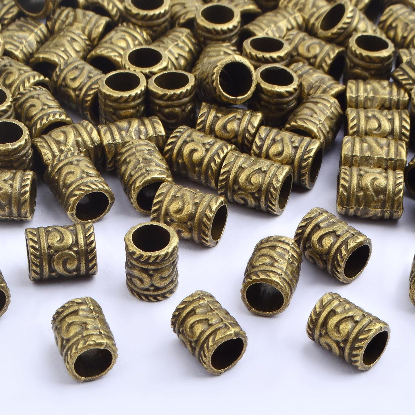 100pcs Tibetan Antique Bronze Large Hole Spacer Beads Vintage Alloy Column Tube Loose Bead Filigree Barrel Charm Beads Accessories for European Bracelet Jewelry Craft Projects, Hole: 5 mm