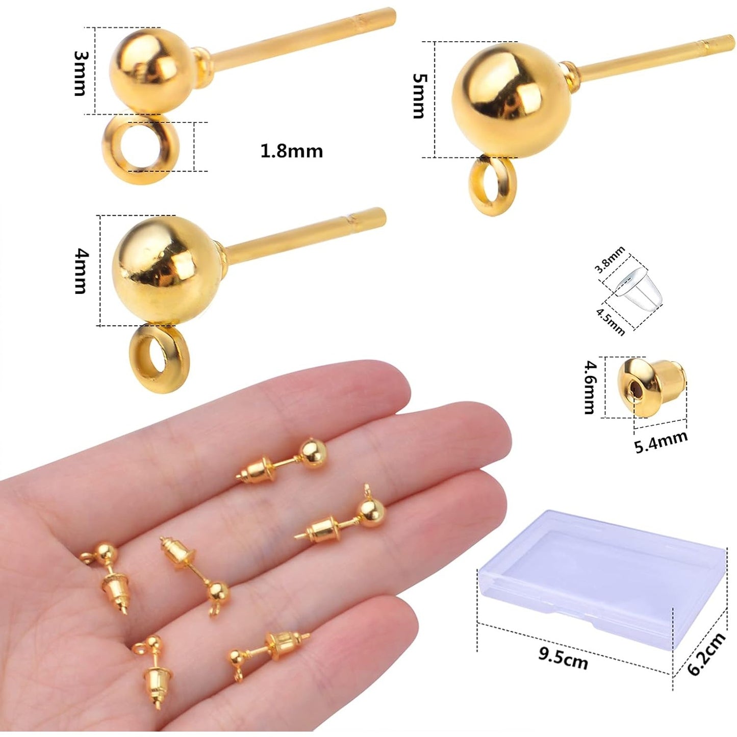 Ball Post Earring Studs,150pcs Gold Earring Spherical Round Earrings Hypoallergenic Ear Pins and 350pcs Earring Safety Backs and 200pcs Jump Rings and 1pcs Box,3mm/4mm/5mm