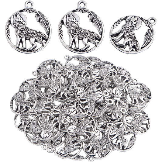 40 Pieces Antique Silver Wolf Charms Pendants Vintage Alloy Wolf Animal Dangle Pendants Craft Supplies for DIY Necklace Bracelet Keychains Jewelry Making, 25 x 21 mm