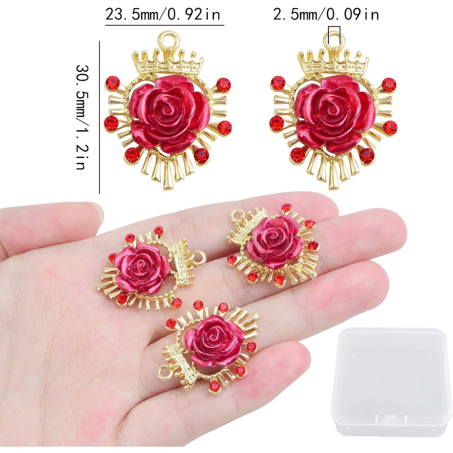 20pcs Resin Red Rose Charms with Rhinestone Golden Plated Alloy Lovely 3D Roseflower Dangle Pendants with a Storage Box for DIY Necklace Bracelet Jewelry Making Supplies Decor