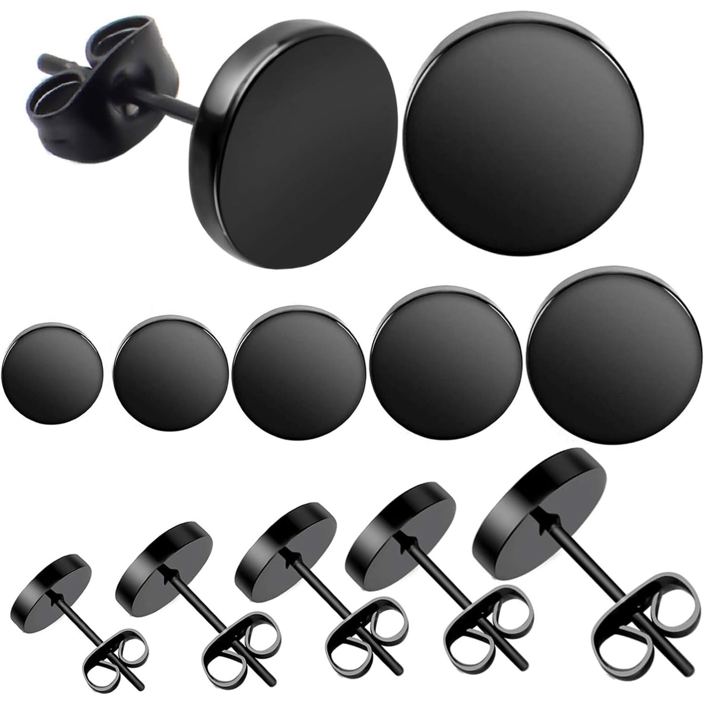 Black Round Stud Earrings, 7 Pairs Stainless Steel Dot Earrings Hypoallergenic Earrings Studs for Man Woman, 3mm/4mm/5mm/6mm/7mm/8mm/10mm