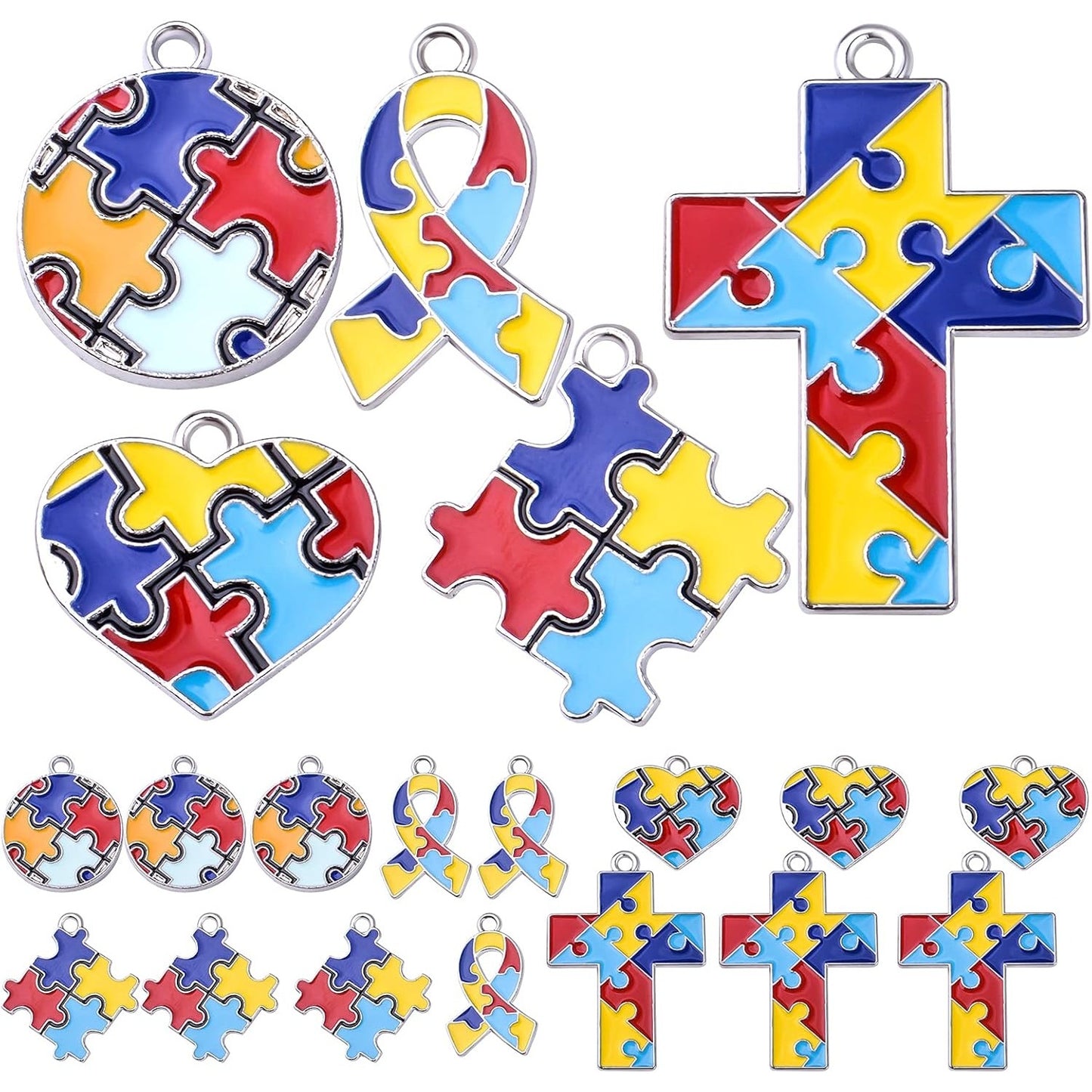 20pcs Autism Charms Pendants Ribbon Heart Round Square Cross with Puzzle Shape Charms Enamel Colorful Enamel Autistic Awareness Pendants for DIY Necklace Bracelet Earrings Jewelry Making Supplies