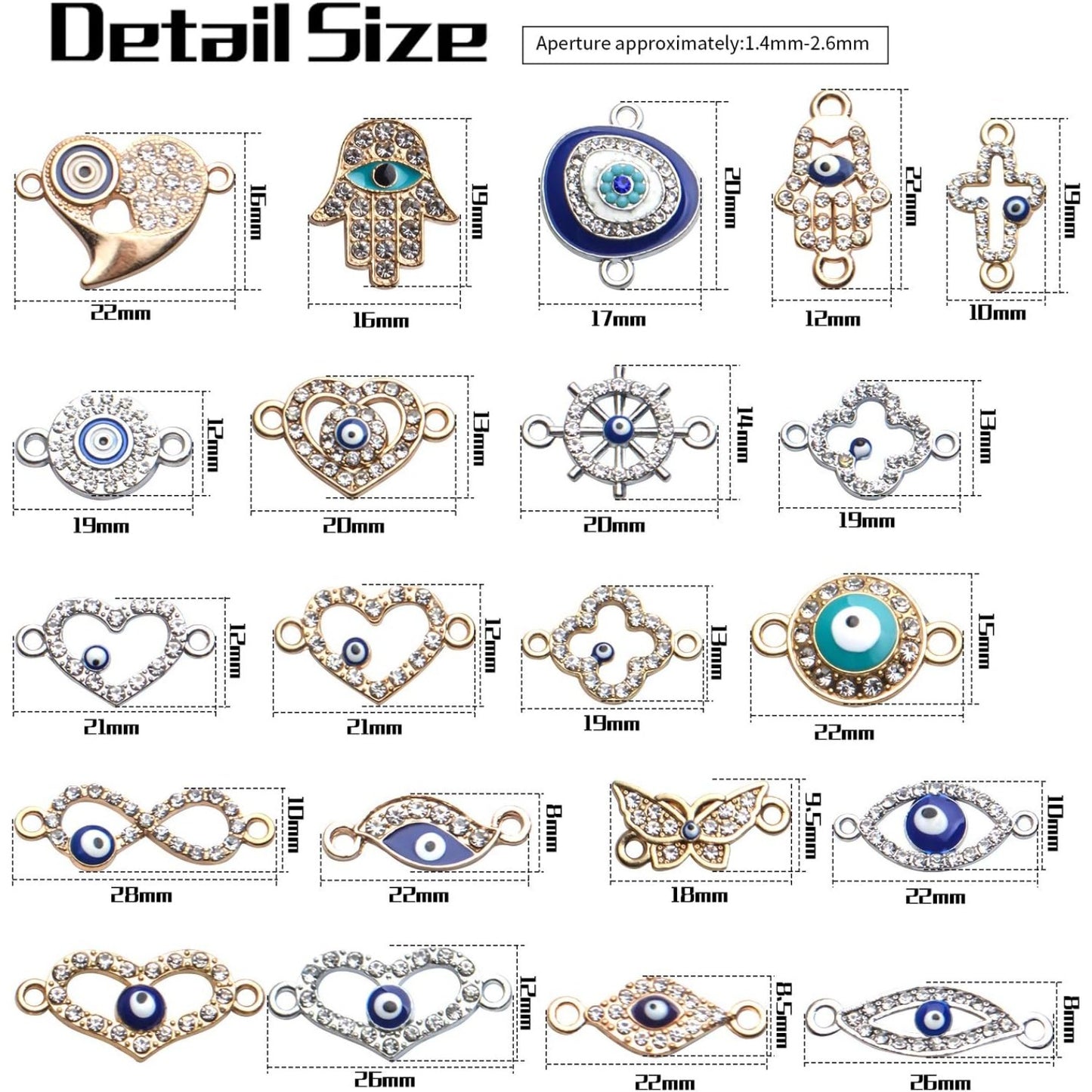 Evil Eye Connector Charms, 22pcs Enamel Rhinestone Diamond Heart Infinity Butterfly Hand of Fatima Jewelry With 2 Holes for DIY Bracelet Earrings Necklace