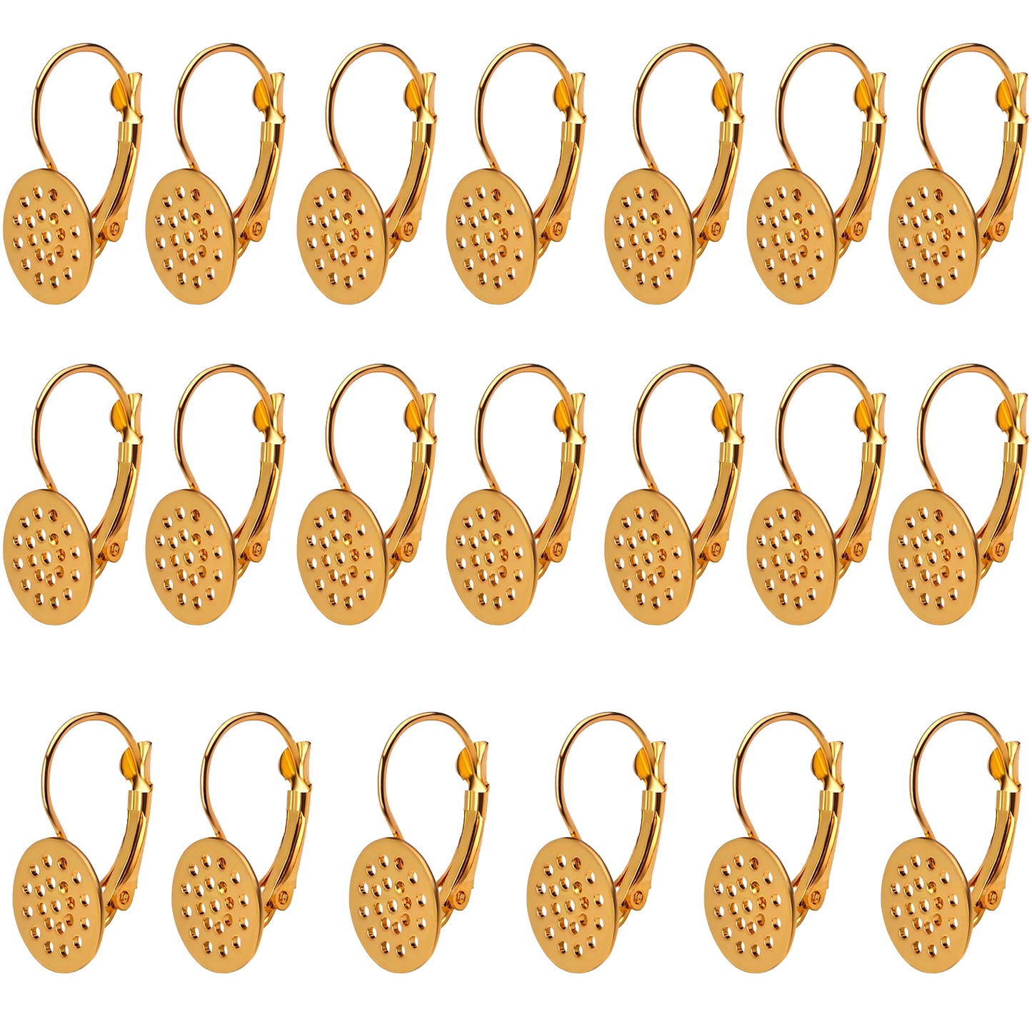 Lever Back Earring Components, 20pcs Brass Leverback Ear Wires Hook Clip Earring Findings with 12mm Round Mesh Pad for Earring Designs Jewelry Making