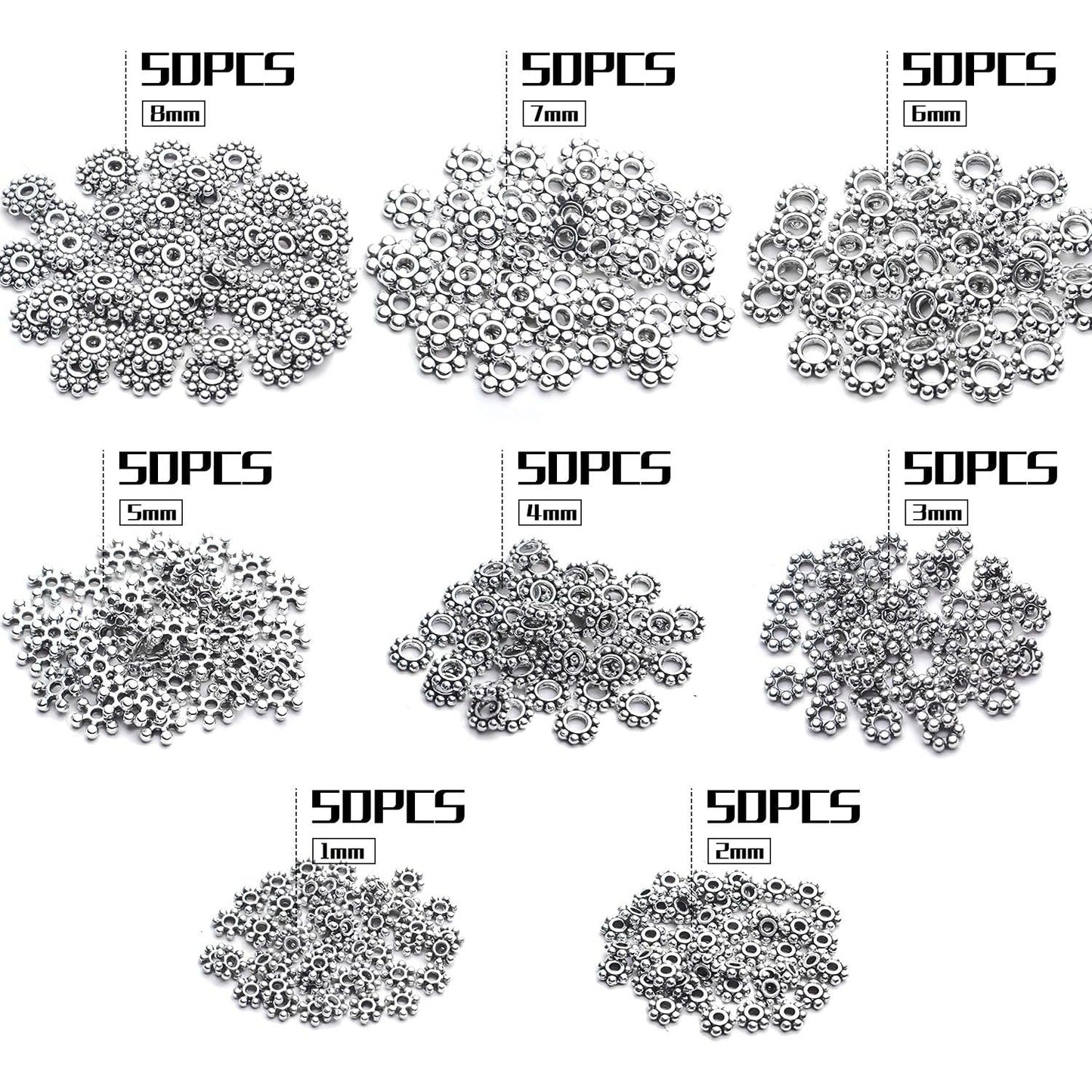 400pcs Tibetan Silver Snowflake Spacer Beads Assorted Daisy Spacer Beads Metal Spacers for DIY Jewelry Making, 8 Styles